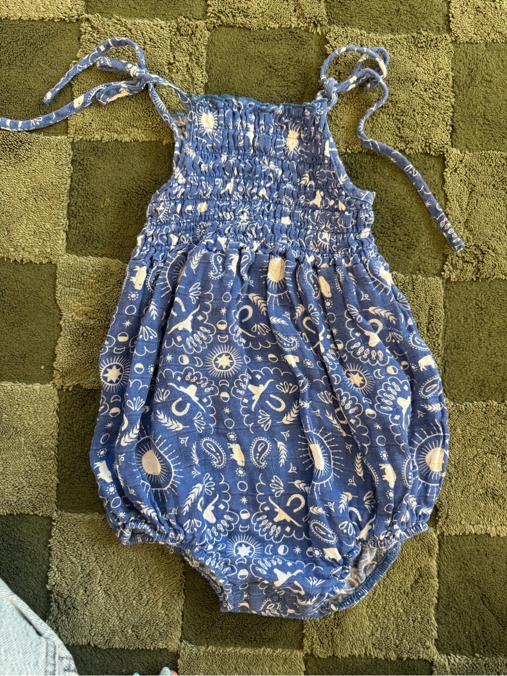 Angel Dear Blue Smocked Bubble Romper with White Print